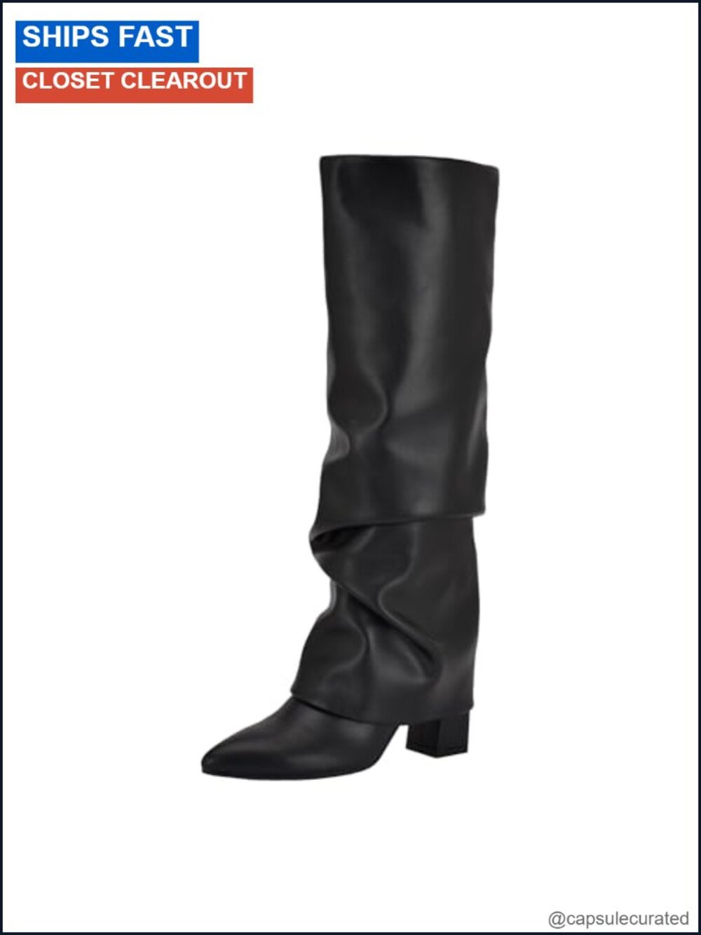 Faux Leather Knee-High Foldover Block Heel Pull-On Boots
